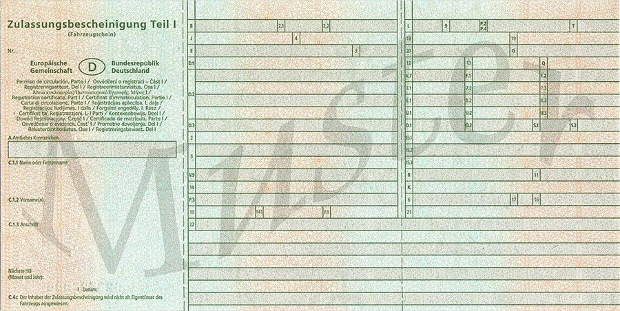 Muster der Zulassungsbescheinigung Teil I (Fahrzeugschein)